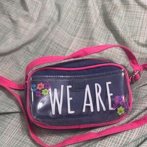 Pink and Blue Crossbody Bag with Floral Design